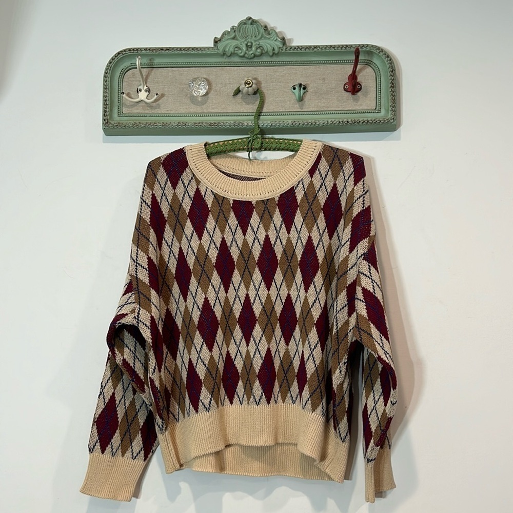 Chaser Women's Size Small Ribbed Boat Neck Argyle Knit Sweater Multicolor NWOT